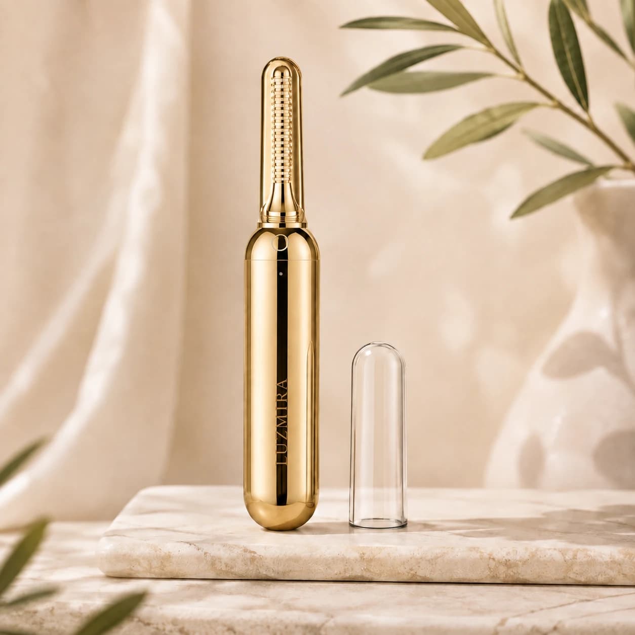 LUZMIRA Wimpernformer in Gold mit transparenter Schutzkappe auf Marmor, Olivenzweige im Hintergrund