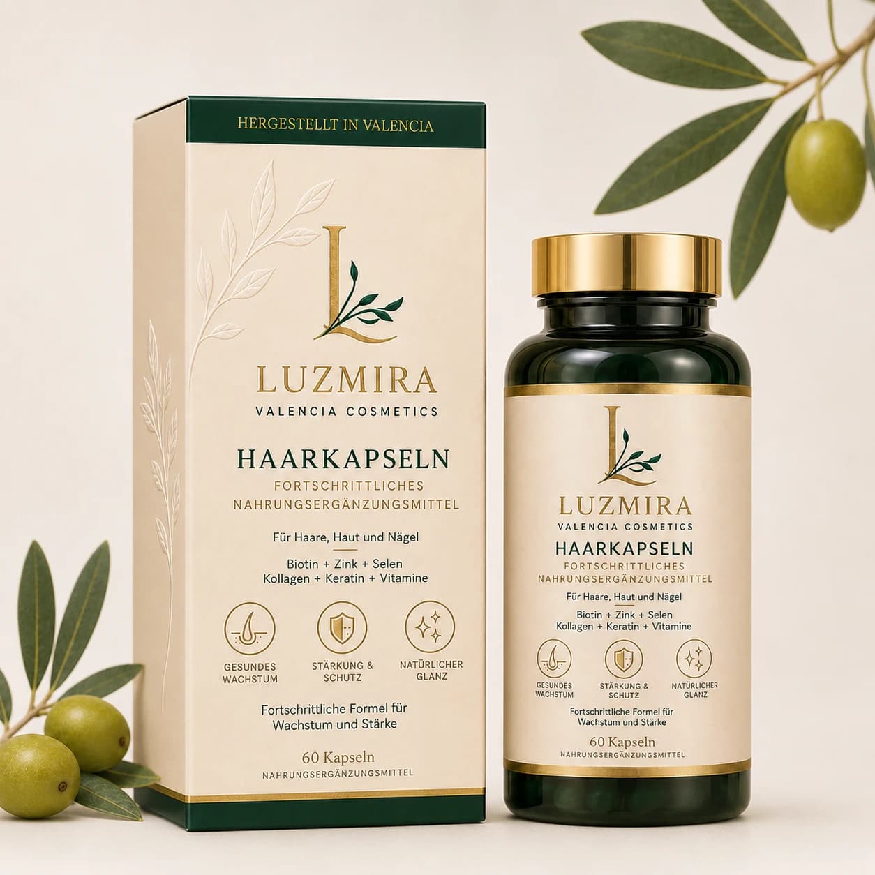 LUZMIRA Haarkapseln: dunkelgrüne Glasdose mit Golddeckel neben der cremefarbenen Faltschachtel, Olivenzweige