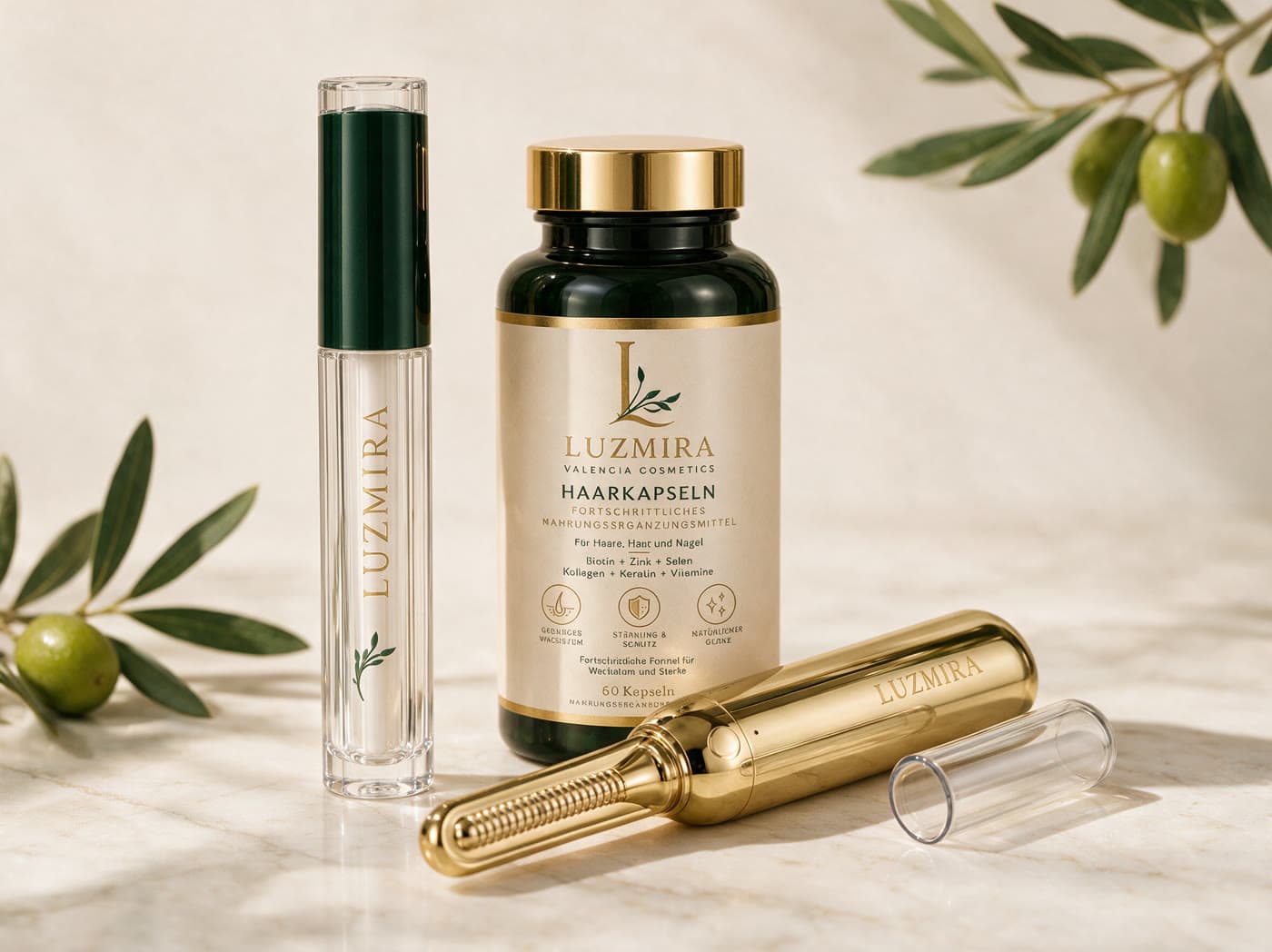 Lash Serum, Haarkapseln und Wimpernformer zusammen auf Marmor, mit Olivenzweigen